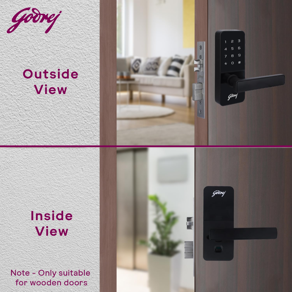 Godrej Smart Lock I Catus Touch I Digital Lock for Main and Internal Wooden Door I 2 in 1 Access I Pin Access I Mechanical Key I Black Finish I 3 Years Warranty | Free Installation